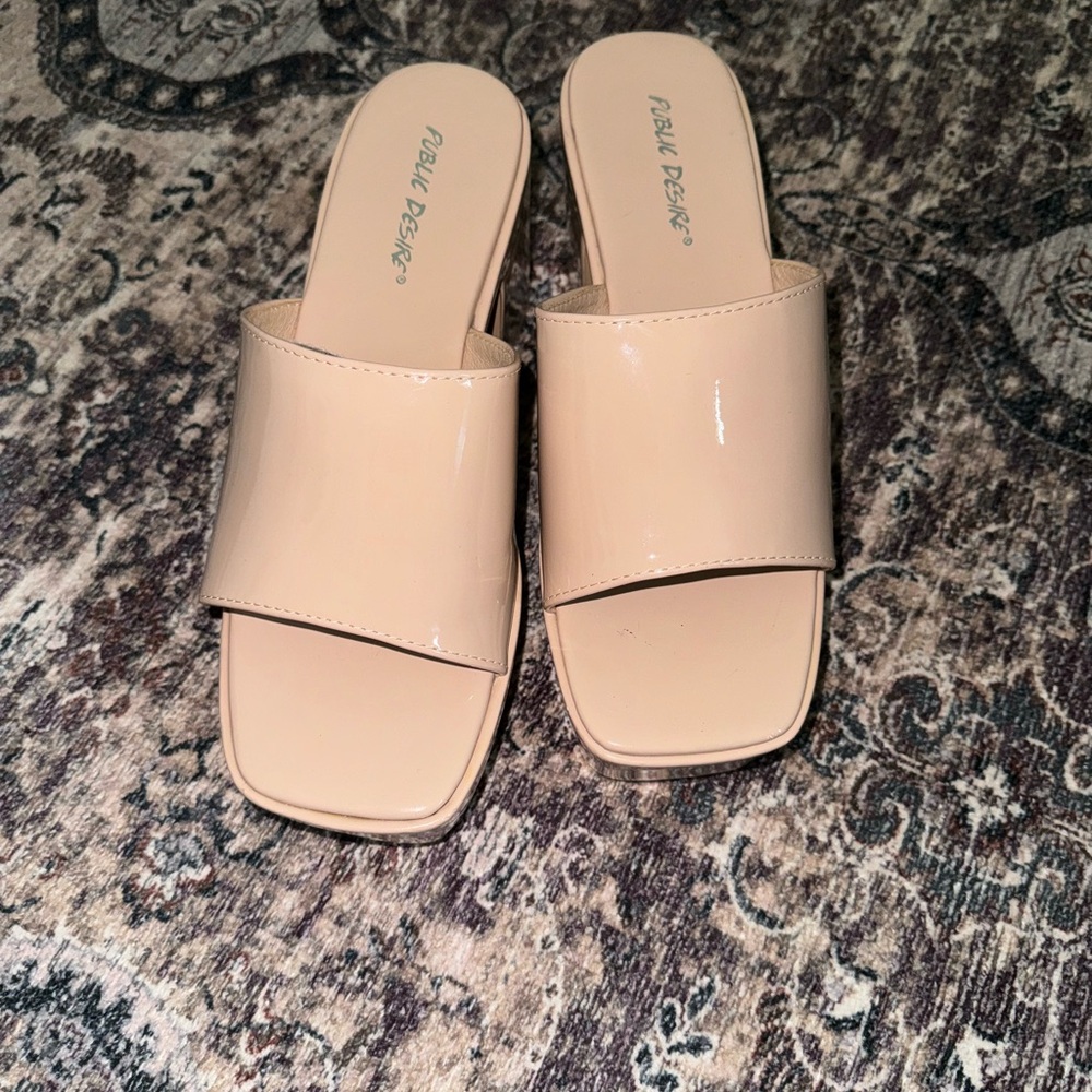Public Desire Nude Patent Slide Sandals